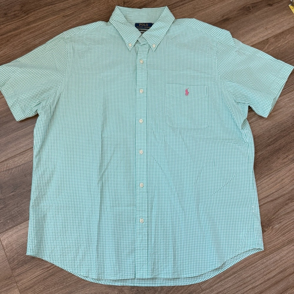 Polo Ralph Lauren Seersucker Shirt Sz XL Untucked Fit Guaranteed to Wrinkle Teal